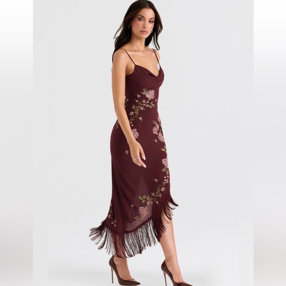 ❤️‍🔥Firm Price❤️‍🔥House of CB ELOISA Wine Embroidered Midi Dress - Picture 12 of 15